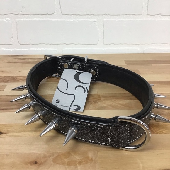 Mad Cow genuine leather Punk Rock dog collar handmade black dark silver studs - Picture 2 of 14